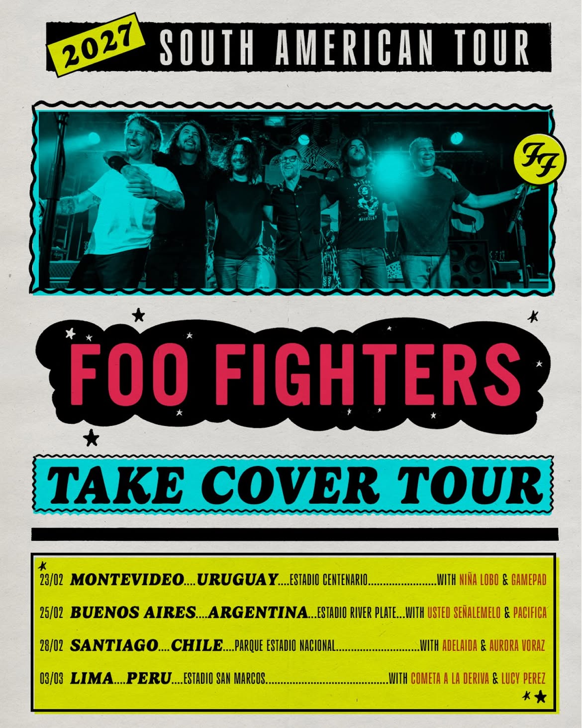 Flyer oficial Take Cover Tour — Foo Fighters en Argentina 2027